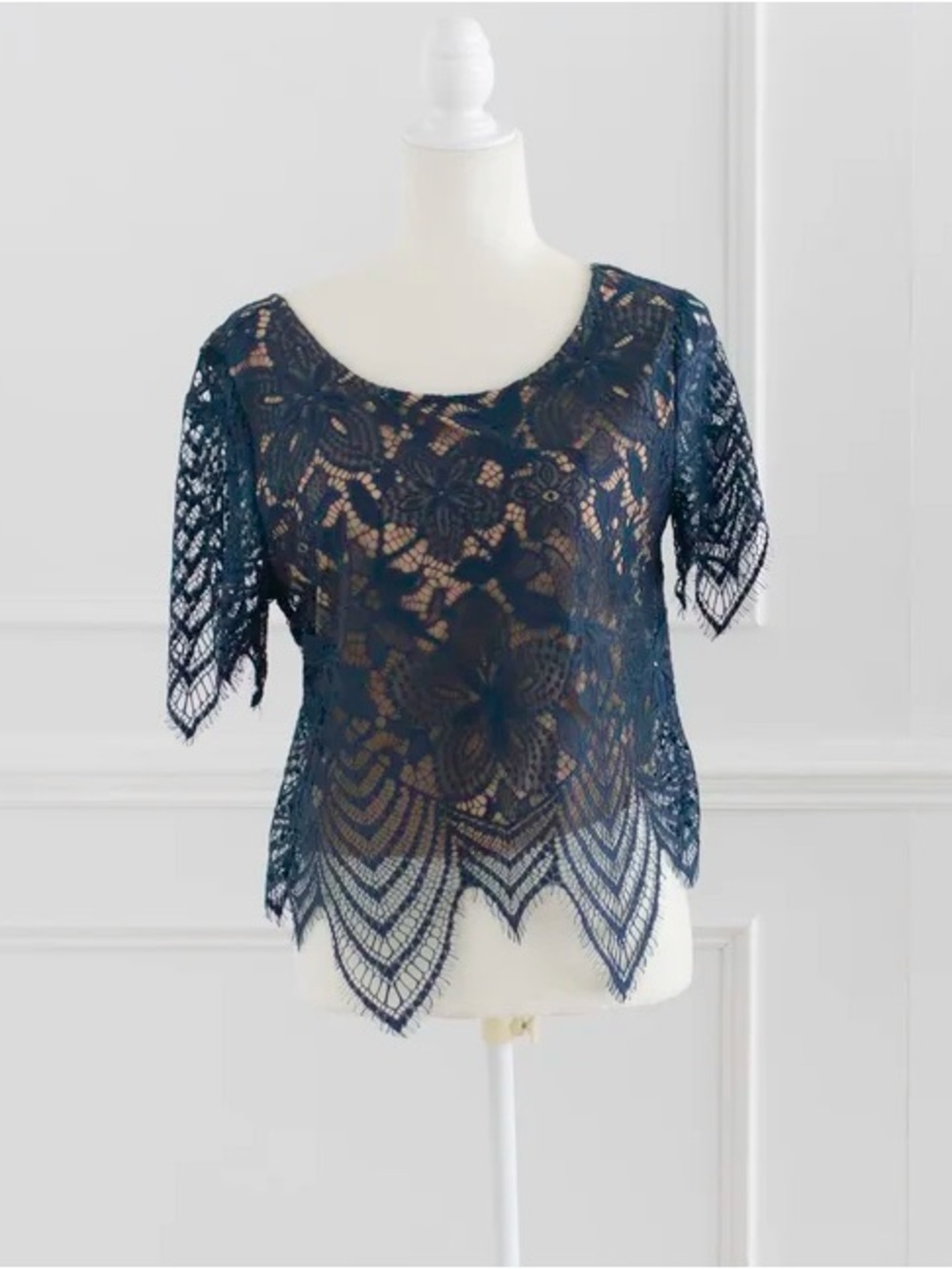 Express Navy Blue Lace Top Size Small Sheer Floral Crochet Blouse